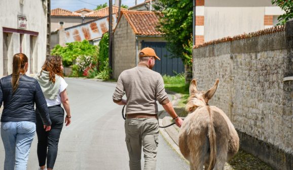 Balade entre amis dans le village de Saint-Georges-de-Rex avant de profiter de la verdure de son marais pédestre, en compagnie d'un âne gris de Provence